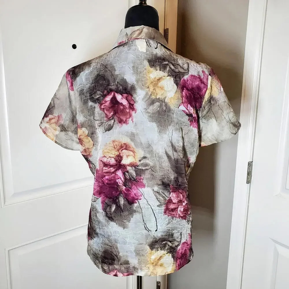 67 Karol Place Vintage Floral Sheer Short Sleeve Button Down Blouse Size Medium - Picture 10 of 12